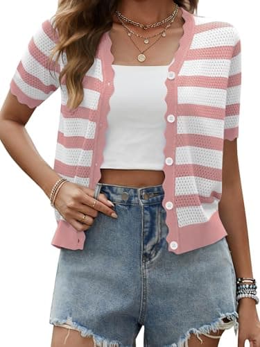 Biodeer Women's 2026 Spring Summer Striped Knit Cardigan Short Sleeve Button Down Cropped Sweater Top for Dresses Pink - Image 1