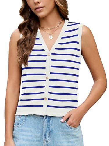 KORSIS Sweater Vest Tops for Women Off White Blue Striped Small Button up Summer Fall Outfits Fashion Outwear Street Shirts Coat Knit Cardigan jacket Work Clothes - Image 1