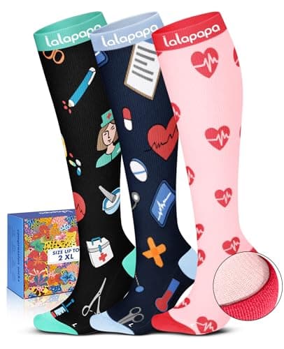 Lalapapa Cute Compression Socks for Women - 3 Pairs 20-30 mmHg Lightweight Graduated Knee High Compression Socks for Women for Daily Wear Travel Nurse, Nursing Design, L/XL - Image 1