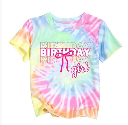 IsPICK Birthday Girl Shirt Toddler Kid Girls Birthday Bow Graphic Tie Dye T-Shirt Cute Short Sleeve Outfit 11th 12th - Image 1
