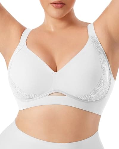 LIIJOO Wireless Seamless Full Coverage Plus Size Bra for Women, Lace Hollow-Out Underband Back Smoothing Wide Strap Lift Support, Removable Padded Everyday Tshirt Bralette(White, 1XL Plus Size) - Image 1