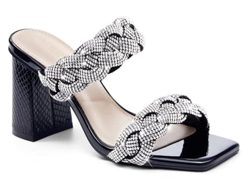 Syktkmx Womens Braided Heels Sandals Chunky Block Heel Double Strap Summer Dressy Sandal, Bright Black, Size 10 - Image 1