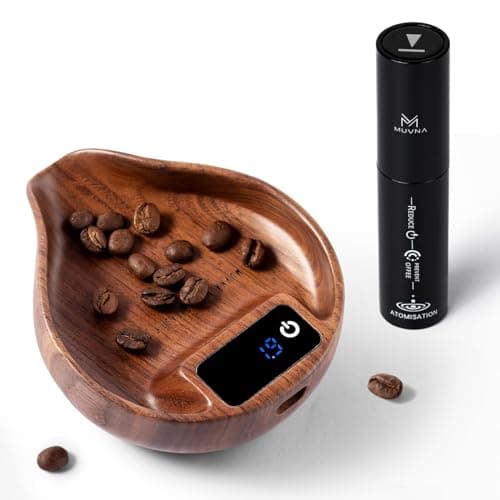 MUVNA Walnut Coffee Bean Scale Cup and Spray Bottle Kit - Rechargeable 0.1 Precision Mini Digital Dosing Cup with LED Display for Kitchen Weighing Accessory, Espresso, Tea, Coffee Lover Gifts - Image 1