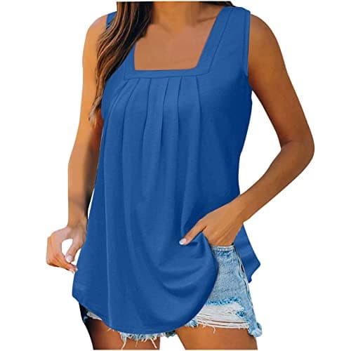 MEILANFONE Tummy Hiding Outfits for Women, 2026 Trendy Summer Casual Tank Tops Loose Fit Sleeveless Square Neck Shirts Blue S - Image 1