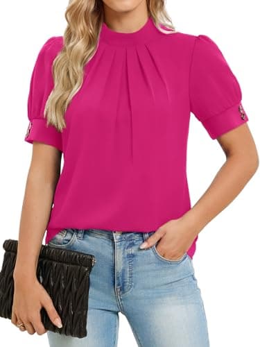 Funlingo Short Sleeve Tops for Women Mock Neck Puff Sleeve Blouses Dressy Casual Business Work Shirts Fashion Spring Outfits Rose Red S - Image 1