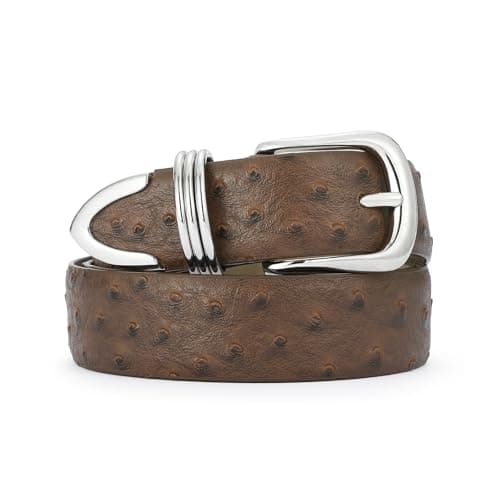 RISANTRY Women's Ostrich Brown Belts with Silver Buckle Ladies Faux Leather Waist Belts for Jeans Dress & Casual Wear - Image 1