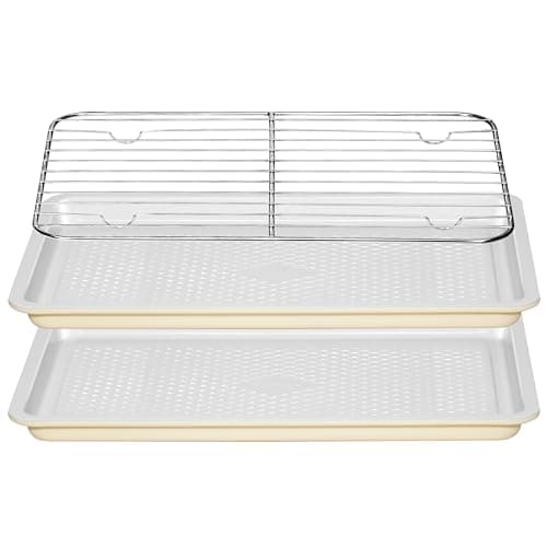 Ymiton Nonstick Ceramic Baking Sheet with Rack, 2-Pack 13x9 Quarter Sheet Pan,(External 10x14), Non-Toxic PTFE & PFOA Free Warp-Free Oven Safe 550°F Dishwasher Safe, Aluminized Steel, Gray Yellow - Image 1