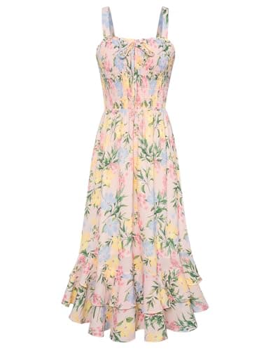 GRACE KARIN Women's 2025 Summer Floral Boho Dress Square Neck Strapped Swing A Line Sundress Beach Long Maxi OutfitsBlue Yellow M - Image 1