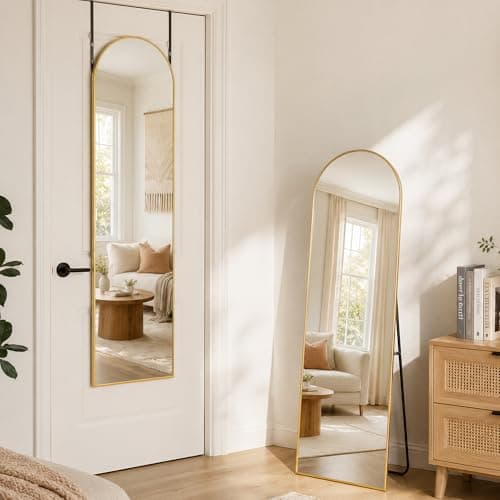 BEAUTYPEAK 15"x 56" Over The Door Mirror, Arched Full Length Mirror with Floor Stand and Aluminum Frame, Adjustable Hooks, Wall Mounted or Standing for Bedroom, Living Room, Bathroom, Dorm, Gold - Image 1
