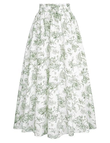 Floral Maxi Skirts for Women Summer Boho A Line Victorian Flowy Long Skirt Green XL - Image 1