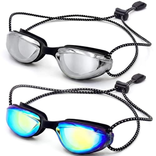 Aegend Swim Goggles for Kids Youth Teen 3-14 Anti-Fog Anti-UV Comfort Fit for Swimming(Bungee Strap) (Black/Gold & Black/Silver-2 Pack)