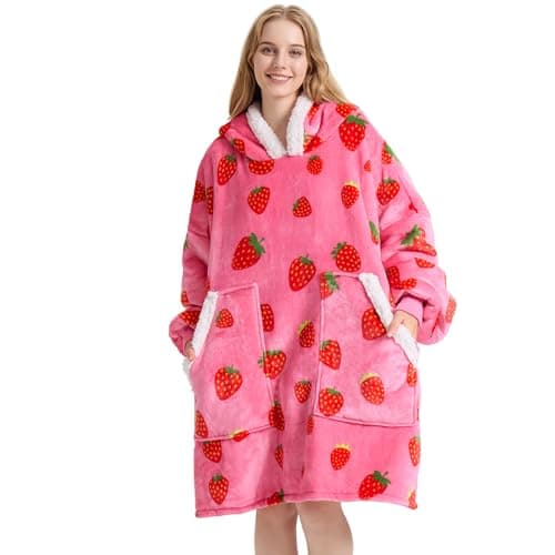 Kipswiza Strawberry Wearable Blanket Hoodie - Soft Cozy Sherpa Fleece Oversized Hooded Blankets Sweatshirt Birthday Gifts for Women Girls Mom Daughter Adult - Image 1