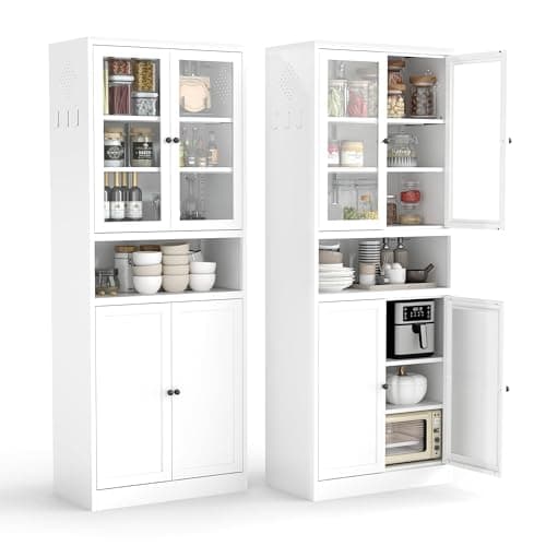 AQY Kitchen Pantry Cabinet,72" White Pantry Storage Cabinet with Adjustable Shelves and Glass Doors,Freestanding Cupboard,Metal Pantry Cabinets with Handle for Living Room Kitchen Assembly Required - Image 1