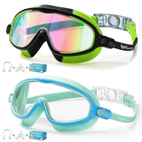 AzureWings 2 Pack Swim Goggles for Kids, No Leak Anti-Fog Anti-UV Swimming Goggles for Boys Girls Children 4-14 (Camo Mir-Black & Blue Green) - Image 1