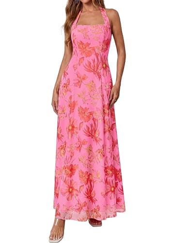 KIRUNDO Women Halter Floral Maxi Dress 2026 Summer Wedding Guest Cocktail Party Sleeveless A Line Beach Vacation Sundress(Pink, XX-Large) - Image 1