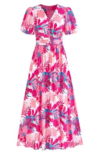PRETTYGARDEN Womes Boho Maxi Dresses 2026 Summer Spring V Neck Puff Sleeve Empire Waist A Line Flowy Long Beach Floral Dress (Pink Flower,L) - Image 1