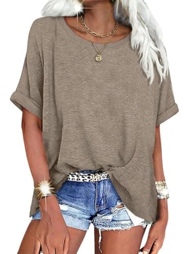 UNCLECAT Womens Oversized Round Neck Shirts Summer Casual Loose Tops 2026 Short Sleeve Workout T-Shirts Khaki - Image 1