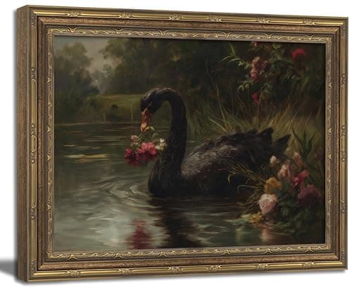 Gold Framed Wall Art, Vintage Black Swan Canvas Prints - Moody Swan with Flowers on Lake Pictures, Romantic Gothic Nature Decor Gallery Artwork for Living Room, Bedroom 9x11 inch - Image 1