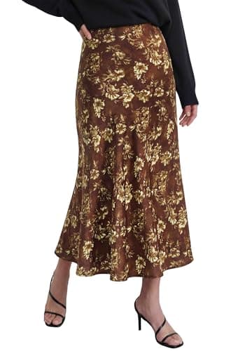 BTFBM Satin Skirts for Women Trendy Spring Summer 2026 High Waisted Leopard Print Cocktail Wedding Long Silk Midi Skirt(Floral Brown Yellow, X-Large) - Image 1