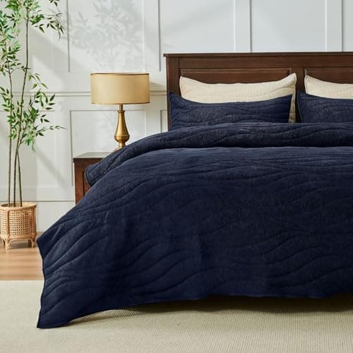DOWN HOME Crinkle Textured Velvet Quilt Set with Shams, All-Season Luxury Modern Bedding,Easy Care Comforter,Ultra-Soft,Lightweight & Breathable, Queen, Imperial Blue