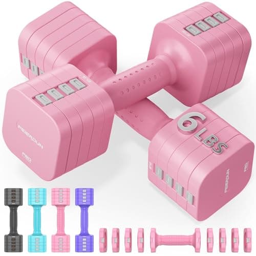 FEIERDUN 5-in-1 Adjustable Dumbbell Set of 2, 12LBS/6LBS Hand Weights for Women, 1s-Adjust Dual-Stable Dumbbell Set for Women Home Gym & Outdoor, Pink - Image 1