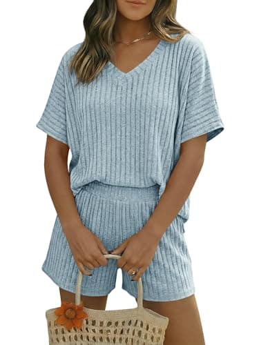Tankaneo Womens 2 Piece Short Sets Lounge Outfits Summer Ribbed V Neck Short Sleeve Tops Casual Pajama Sets - Image 1