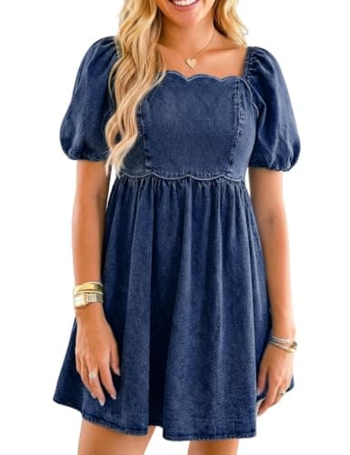 POLIRO Denim Dress Babydoll Jean Square Neck Puff Sleeve Casual Country Concert Dresses with Pockets for Women 2026 Cowgirl Music Festival Plus Dark Blue Size X-Large Size 16 18 - Image 1
