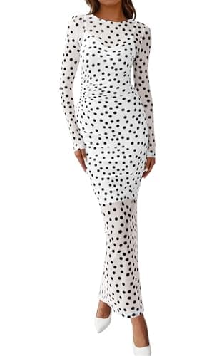 BTFBM Spring Dresses for Women 2026 2 Piece Set Long Sleeve Polka Dot Sexy Bodycon Mesh Dress and Slip Dress Wedding(Big Dot White Black, X-Small) - Image 1