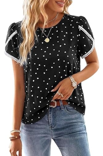 PRETTYGARDEN Womens Spring Tops 2026 Casual Crewneck Lace Crochet Short Sleeve Shirts Floral Boho Blouse Loose Tunic Top(Heart White Black,X-Small) - Image 1