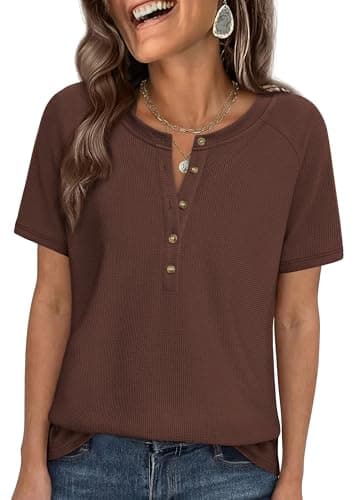 PRETTYGARDEN Waffle Knit Tops for Women Short Sleeve Henley Shirts 2026 Summer Blouses Dressy Casual Spring Fashion Clothes (Brown,Small) - Image 1