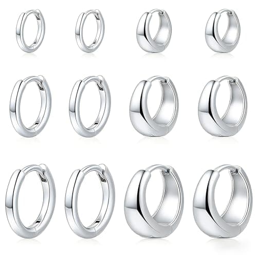 ALLHOLA 6 Pairs 14K Gold Plated Hoop Earrings for Women Hypoallergenic Small Huggie Hoops Earring Set for Sensitive Ears Non Tarnish Trendy Chunky Gold/Silver Earrings Cartilage Stacks for Multiple Piercing Jewelry Lightweight (Silver hoops) - Image 1