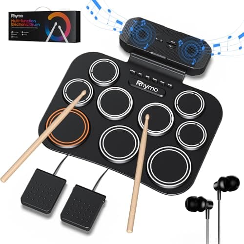 Rhymo Portable Electronic Drum Set, 9-Pad Roll-Up with Built-in Speaker, Rechargeable Battery, Headphones, Drum Pedal & Sticks, Perfect for Beginners, Home Practice and Travel Gifts - Image 1