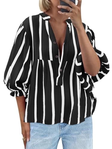 Tankaneo Womens Puff Sleeve Babydoll Tops Summer V Neck Striped Blouse Cute Casual Loose Fit Flowy Shirts Black - Image 1