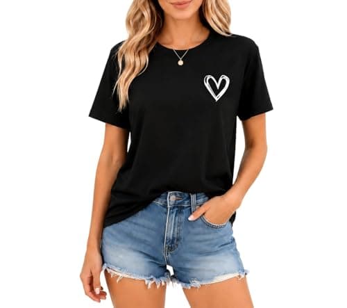 KUYIGO Unisex Heart Graphic T Shirt for Men Women Casual Crewneck Short Sleeve Minimalist Love Matching Tee,L Black - Image 1