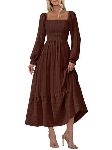 BTFBM Women Maxi Spring Dresses 2026 Long Sleeve Solid Color Square Neck Smocked Boho Long Wedding Guest Dress(Coffee,Large) - Image 1