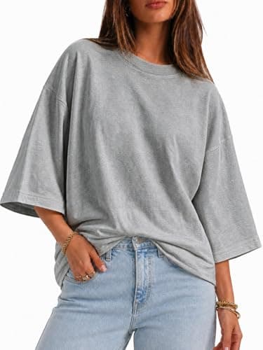 Flowyair Womens Oversized T-Shirt Casual 3/4 Sleeve Summer Boxy Tops Loose Fit Crew Neck Basic Shirts Grey - Image 1