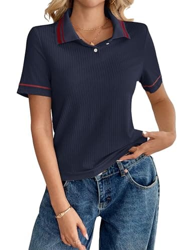 Womens Polo Shirts Short Sleeve Work Cute Summer Tops Dressy Pullover Sweater Business Casual Outfits Blue - Image 1