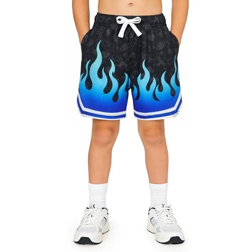 Cozople Boys Sports Shorts Fashion Blue Flame Print Football Shorts Quick Dry UPF Active Shorts with Pockets - Image 1