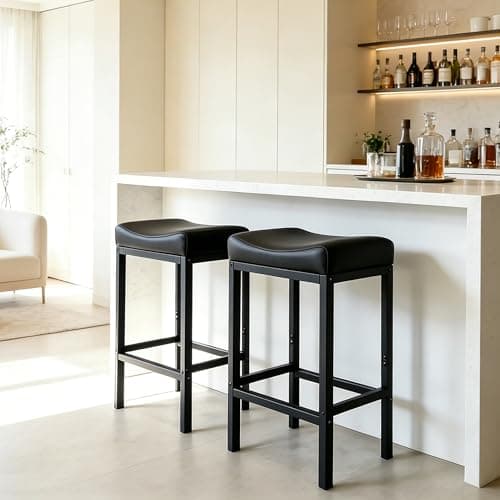 Set of 2 Backless Bar Stools 24 Inch, Modern Counter Height Stools with Soft Faux Leather Padded Saddle Seat, Heavy Duty 300LB Capacity for Kitchen Island,(01black-24 Inch) - Image 1