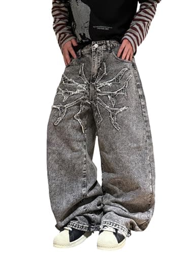 QGRSWBC Jeans for Men Baggy Hip Hop Wide Leg Skater Denim Pants Casual Loose Fit Long Trousers Light Grey - Image 1