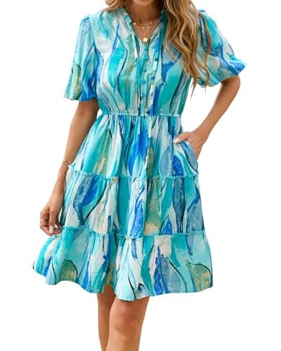 BTFBM Women Summer Floral Short Dresses V Neck Short Sleeve Tiered Ruffle Boho Swing Dress A-Line Mini Dresses(Floral Blue,Small) - Image 1