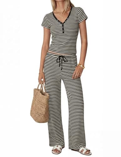 YURIONA Women Striped Matching Set Short Sleeve Top Wide Leg Pants Vacation - Image 1