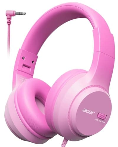 Acer Kids Headphones, 74/85/94dB Volume Limiter, Foldable Wired Over Ear Headphones for Travel, 3.5mm Jack, Toddler Headphones for School, iPad, Chromebook, Tablet, Pink - Image 1