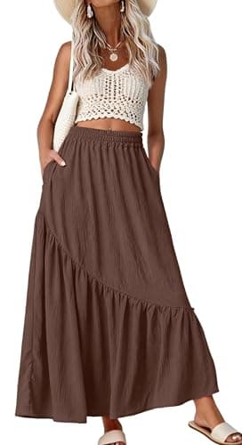 GRECERELLE Brown Boho Maxi Skirt for Women Casual Lightweight Tiered A-Line Flowy Beach Long Skirts with Pockets for Summer Beach, L - Image 1