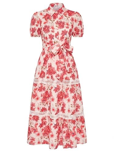 GRACE KARIN Women's 2026 Summer Floral Flowy Dresses Boho Tie Belt Short Puff Sleeve A Line Maxi Shirt Dress with Pocket Red Floral Small - Image 1