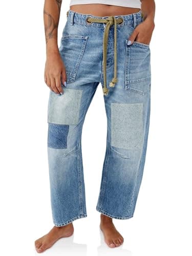 PLNOTME Womens Baggy Barrel Horseshoe Jeans Wide Leg Patchwork Low Rise Denim Pants with Pockets Light Blue - Image 1