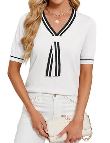 Libsorge Womens Lightweight Cute Bow Tie Sweater Spring Summer 2026 Trendy Dressy Business Casual Outfits Sexy V Neck Thin Short Sleeve Color Block Striped T Shirt Tops White XL - Image 1