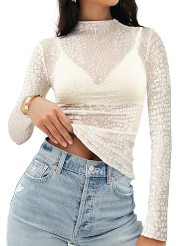 MEROKEETY Womens Mesh Sheer Lace Long Sleeve Tops 2026 See Through Mock Neck Shirt Fashion Blouses Date Night Outfit Clothes, Leopard White, X-Large - Image 1