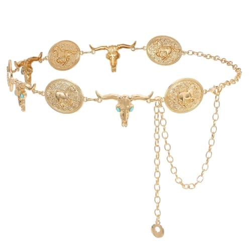WHIPPY Western Metal Concho Belt for Women Vintage Cowgirl Boho Turquoise Chain Belts for Dresses Jeans, Gold, Bull Head Chain, Fit Waist Size Below 52 Inches - Image 1