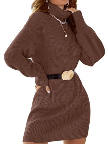 SunnyMelody Womens Turtleneck Sweater Dress for Women Fall Winter 2025 Trendy Ladies Outfits Dressy Long Lantern Sleeve Casual Knit Pullover Mini Dresses Mocha Brown S - Image 1